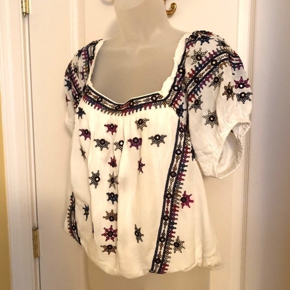 HOST PICK⭐️⭐️⭐️FREE People Ocean Blue Floral Embroidered Top Cropped PERFECT NWT - Picture 4 of 9